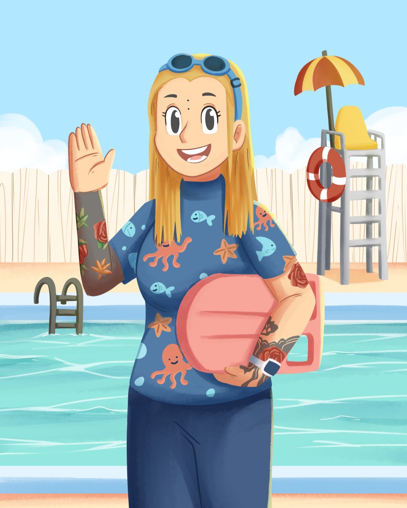 An illustration of a swimming teacher